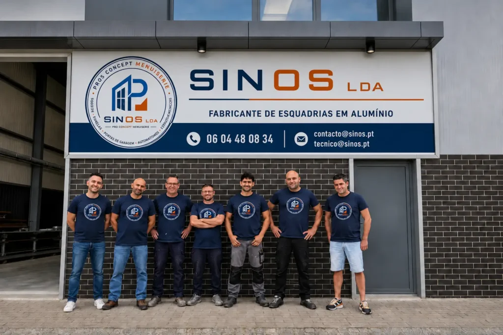 Equipa de profissionais e artesãos da SINOS LDA Pro Concept Menuiserie reunida em frente às instalações da empresa.