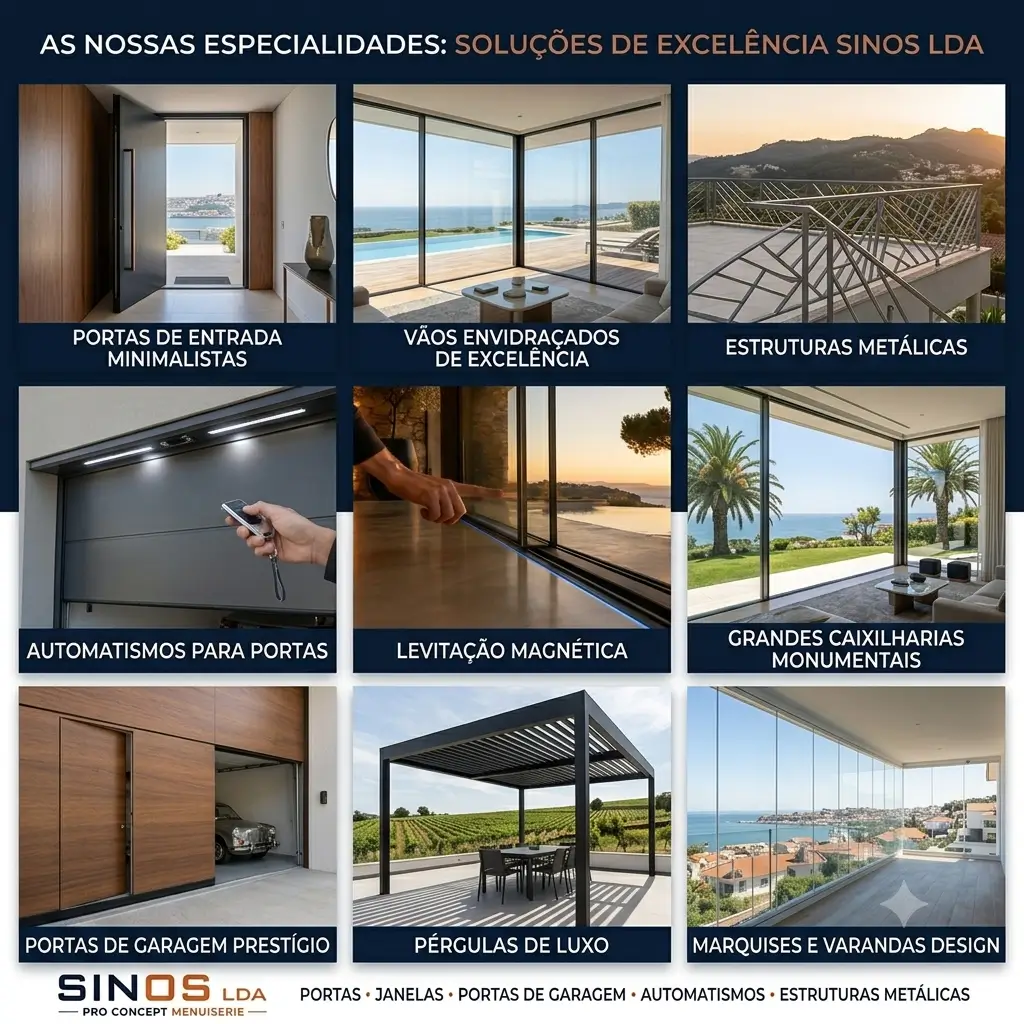 Infográfico com as 9 especialidades da SINOS LDA Pro Concept Menuiserie em Portugal: portas, janelas minimalistas, automatismos e estruturas metálicas.