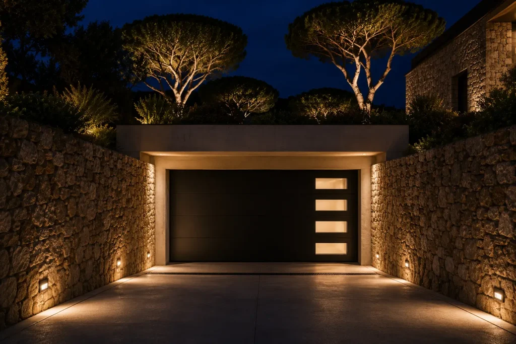 Portão de garagem seccional preto automatizado com visores retangulares iluminados, instalado numa rampa de acesso com muros de pedra e focos LED no Grande Porto.