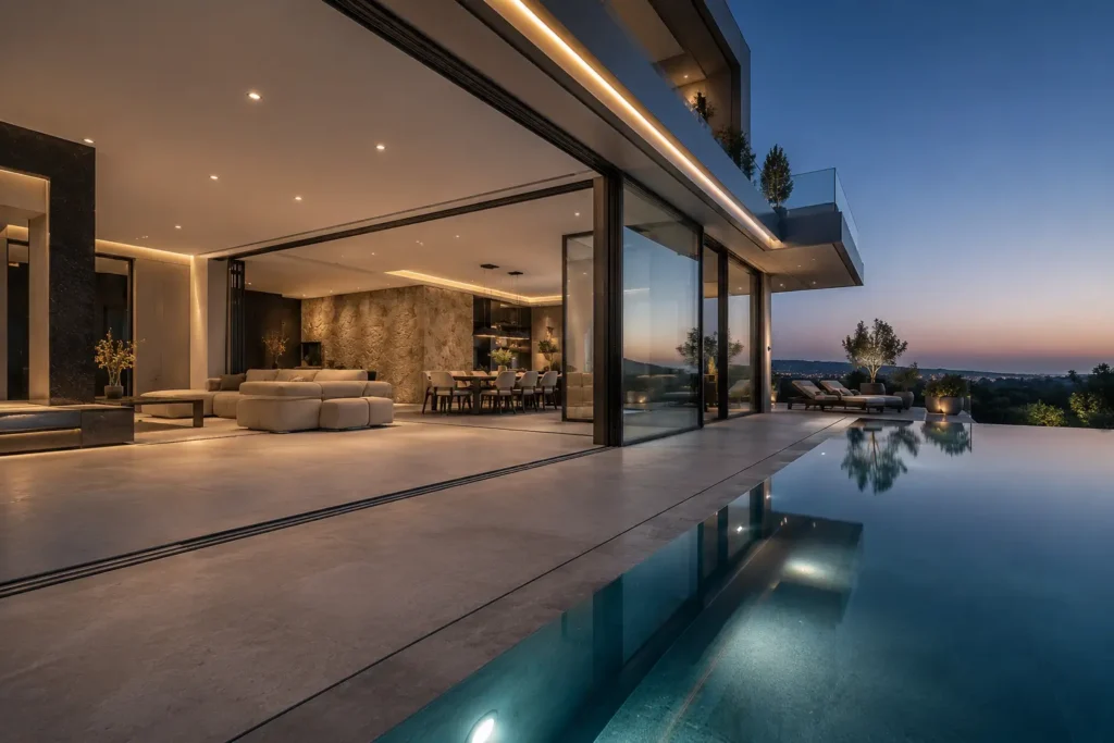Fachada panorâmica de vidro invisível e minimalista instalada numa moradia de luxo moderna iluminada à noite com piscina infinita.