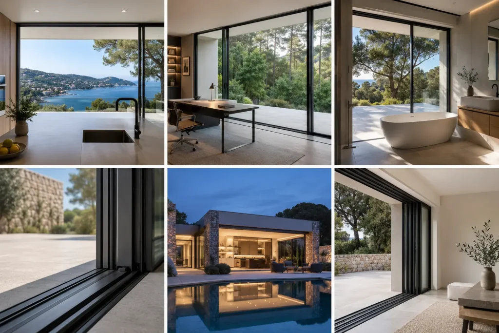 Mosaico de 6 imagens exibindo caixilharia e janelas de correr minimalistas Sinos em projetos residenciais de luxo no Norte de Portugal.