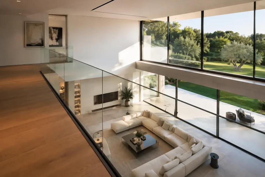 Guarda-corpos de vidro estrutural Sinos instalado num mezanino interior de uma moradia minimalista de luxo no Grande Porto.