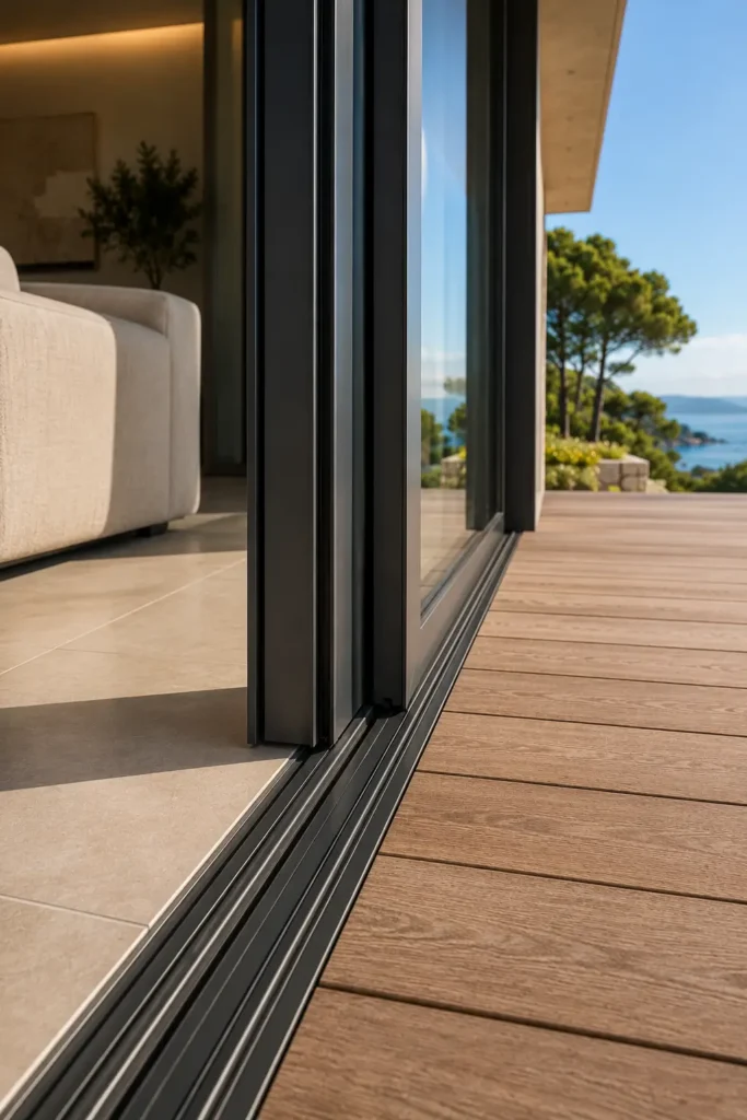 Pormenor da soleira embutida e calha de uma janela de correr minimalista em caixilho oculto, dividindo o salão interior e o terraço de madeira numa moradia no Grande Porto.