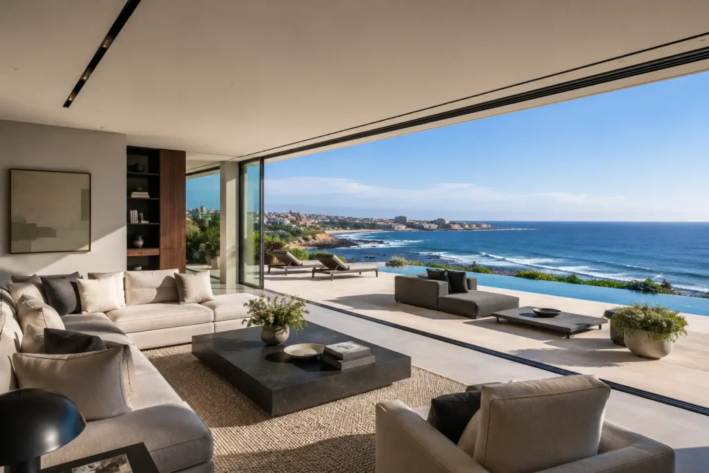 Sala de estar luxuosa com grandes vãos vitrados minimalistas abertos para o terraço com piscina e vista para o mar.