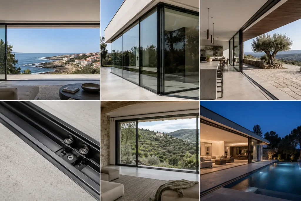 Mosaico de fotografias que demonstra projetos de arquitetura de luxo com janelas e caixilharias de correr minimalistas Sinos no Norte de Portugal.