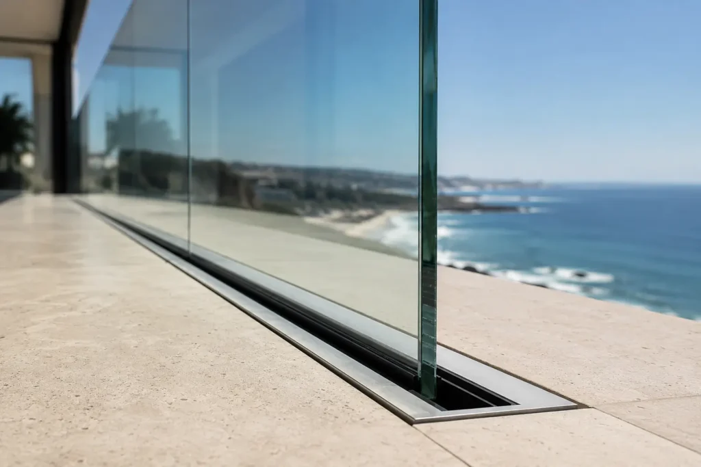Detalhe de fixação invisível Cortizo para guarda-corpos de vidro estrutural Saint-Gobain numa moradia de luxo no Grande Porto.