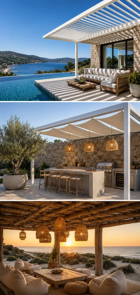 Um mosaico vertical de três imagens fotográficas premium, mostrando diferentes designs de pergolas e estruturas de sombreamento para moradias de luxo na costa do Norte de Portugal, incluindo tecnologia bioclimática, extensões de cozinha com telhado de tela e pergolas de madeira de deriva rústicas.