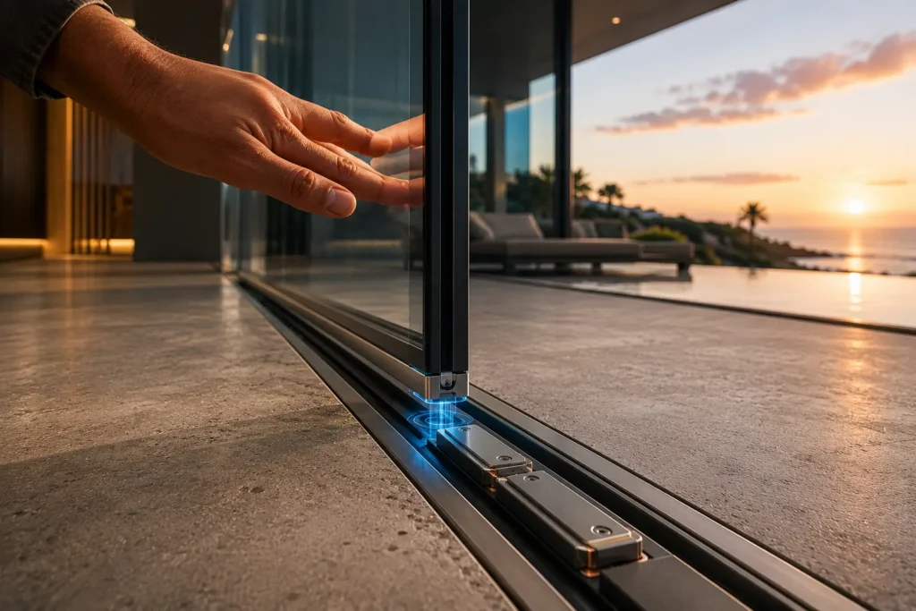 Mão a testar a leveza de uma porta de correr com tecnologia de levitação magnética e calha embutida no pavimento