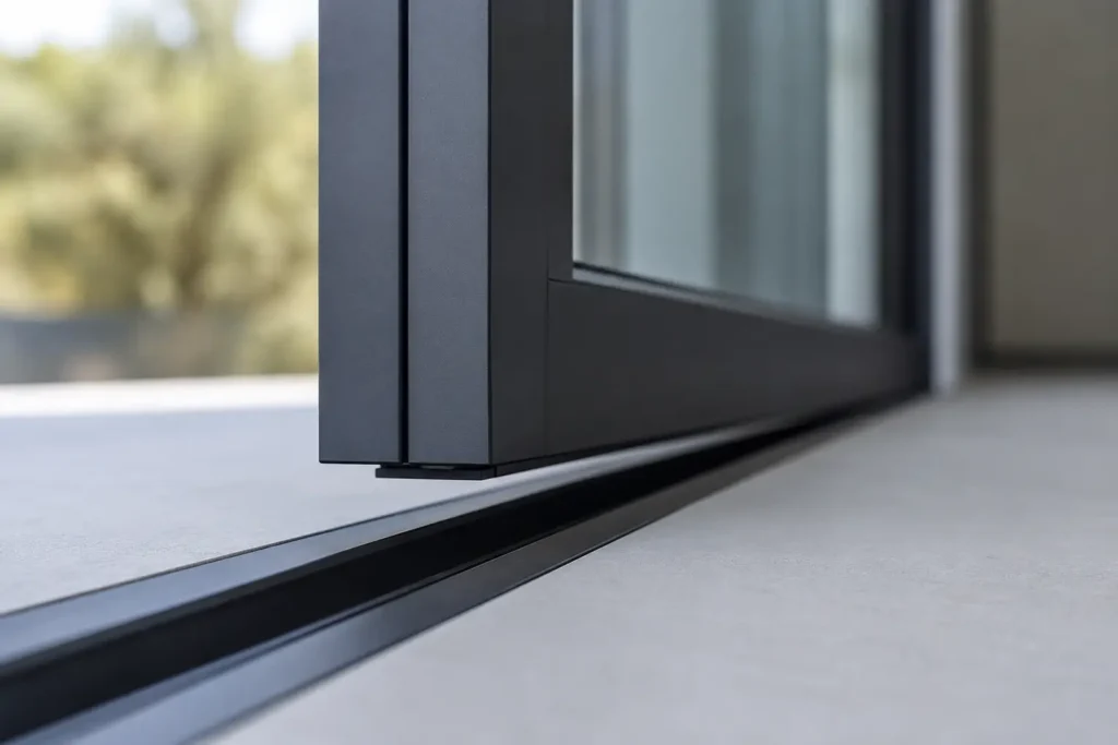 Pormenor técnico de uma janela de correr minimalista com tecnologia de sustentação magnética e perfil suspenso Sinos.